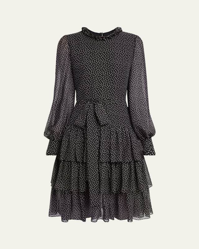 Polka Dot Tiered Georgette Self-Tie Short Dress